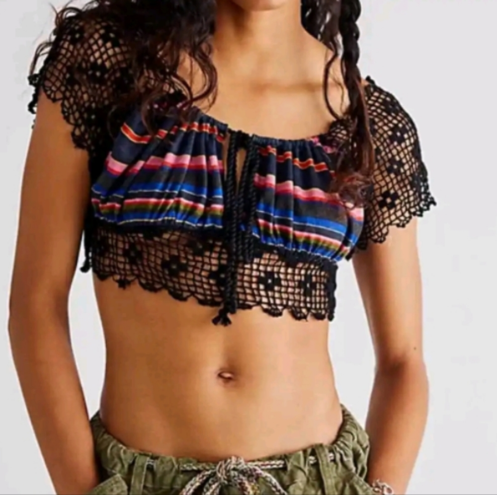NEW Free People Aruba top Crochet Multicolor Striped Crop Top black combo Small